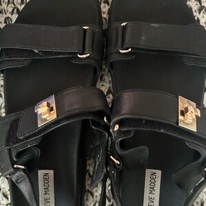 Steve Madden Mona Black Sandals with Metallic Gold Buckle